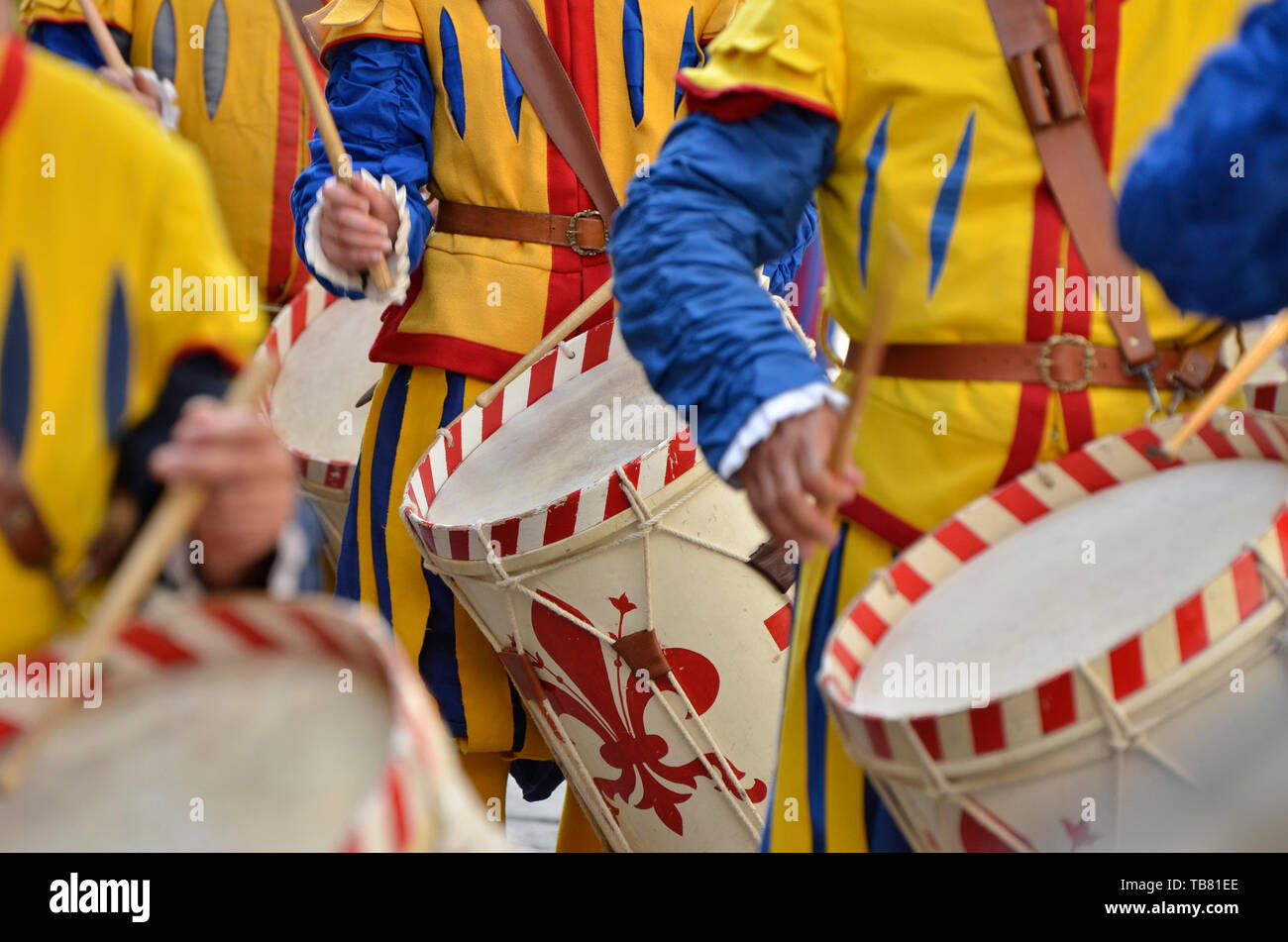 Drum players of the medieval historical procession Stock Photo