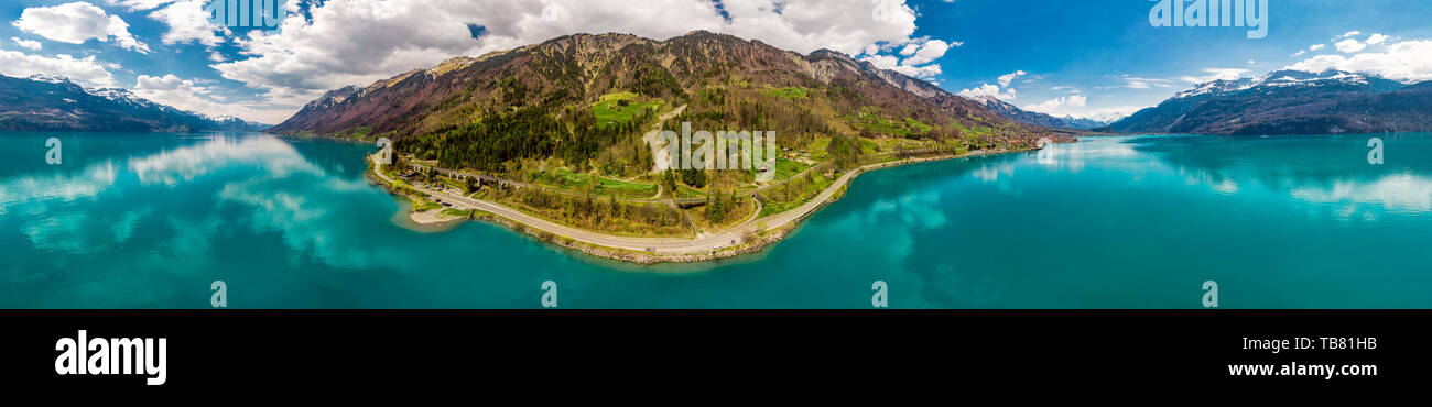 Brienz town on lake Brienz by Interlaken with the Swiss Alps covered by snow in the background, Switzerland, Europe Stock Photo