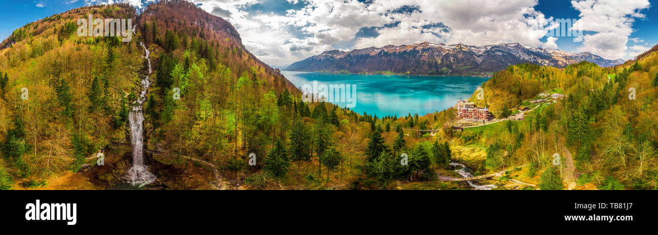 Lake Brienz and Giessbach Waterfall by Interlaken with the Swiss Alps covered by snow, Switzerland Stock Photo