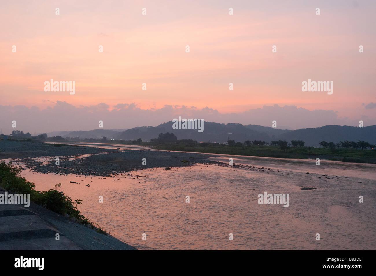 Sunset on the Sagae River in Yamagata prefecture. Stock Photo