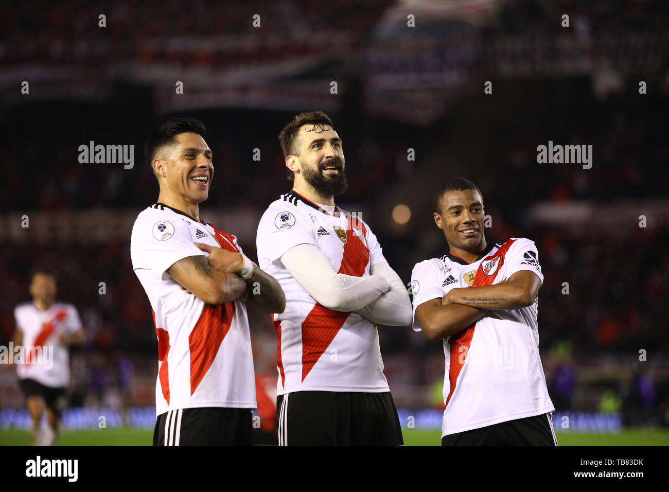 Buenos Aires, Argentina - May 30, 2019: Lucas Pratto, Enzo Perez and Matias Suarez posing and celebrating the winning goal of Pratto of the Conmebol R Stock Photo