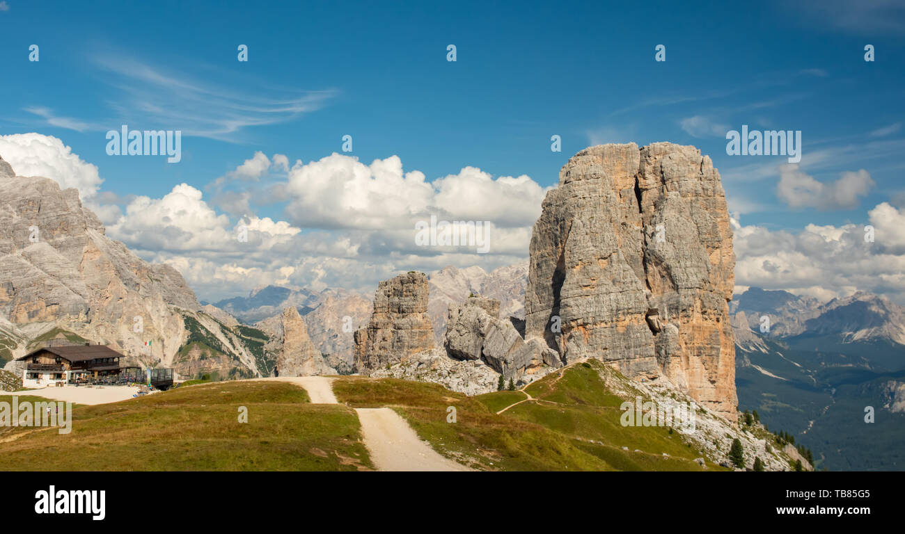 Summer mountain alpine meadow landscape. Cinque Torri, Dolomites Alps, Italy Stock Photo