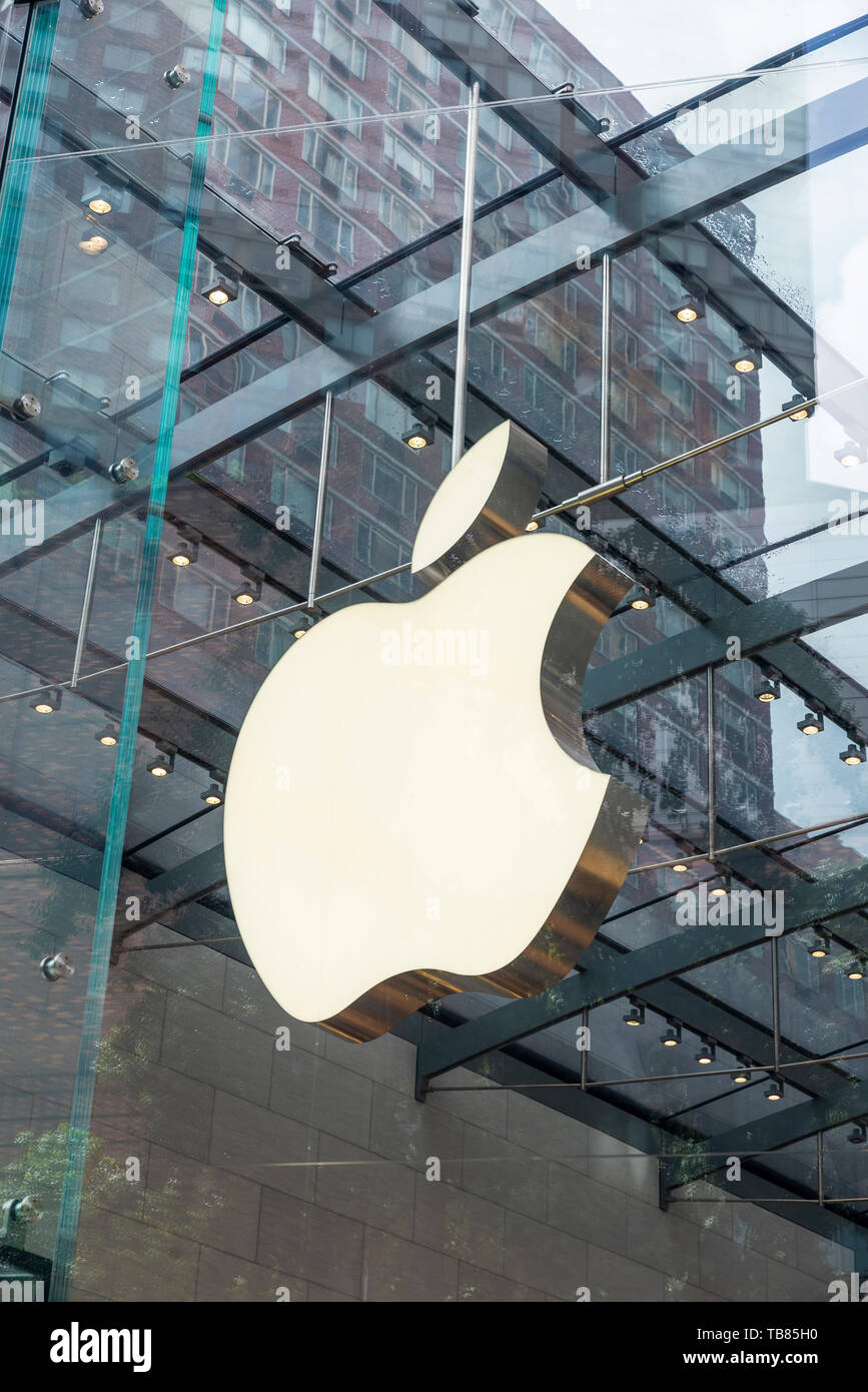 New York City, USA - August 3, 2018: Closeup of the logo of a Apple store in Manhattan, New York City, USA Stock Photo