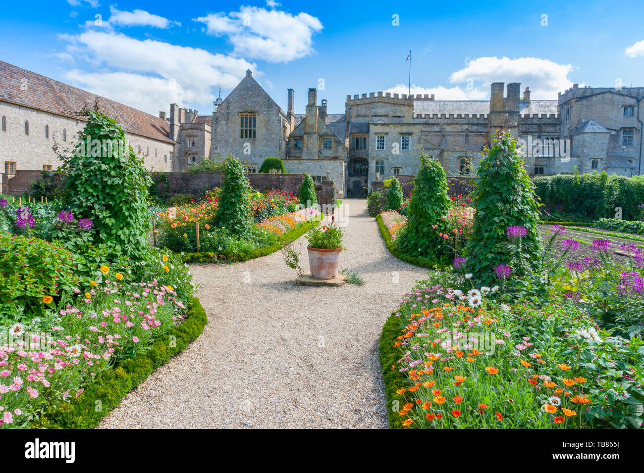 Colourful summer bedding plants surround the vegetable plots in the