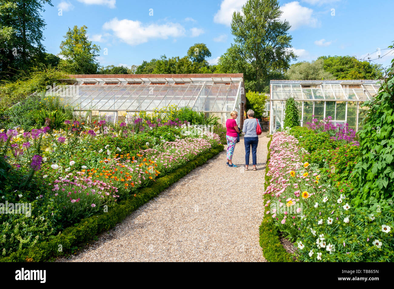 Colourful summer bedding plants surround the vegetable plots in the