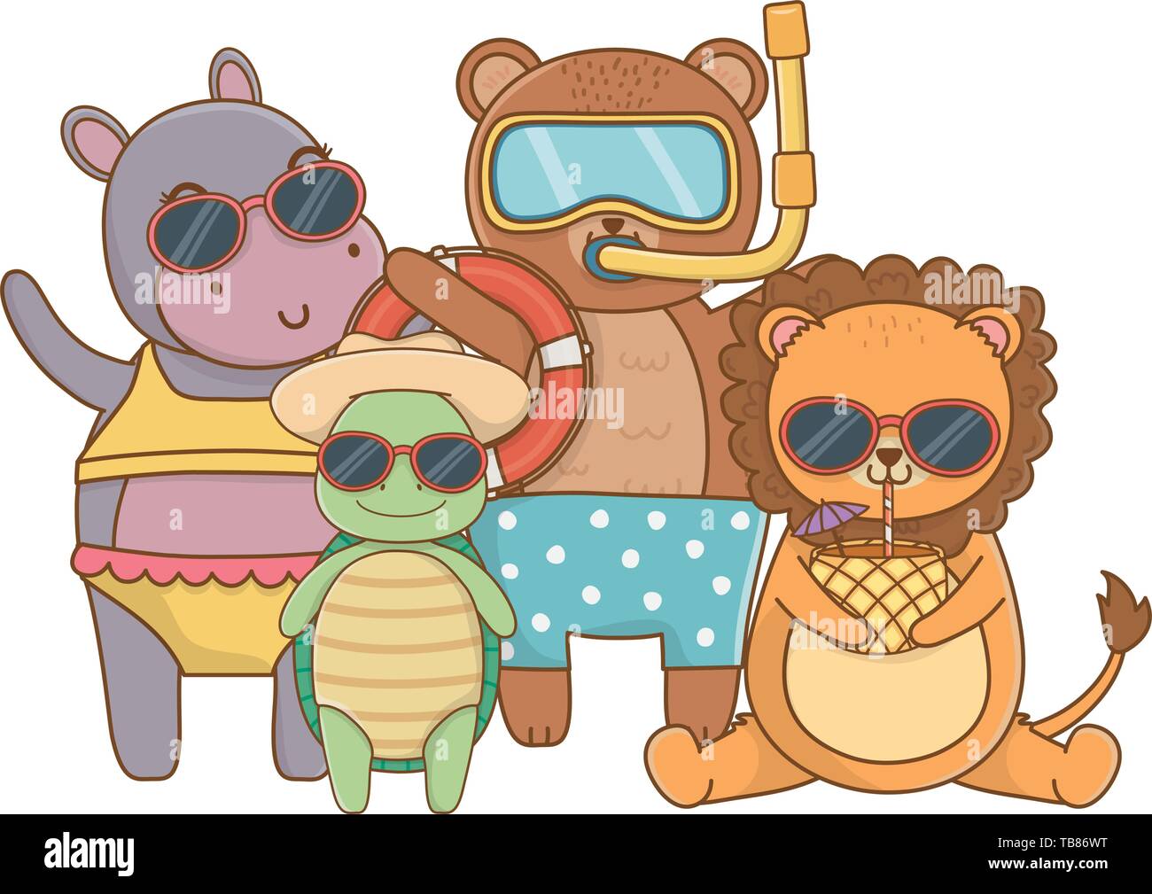 cute animals friends enjoying summer time vacations holidays cartoon