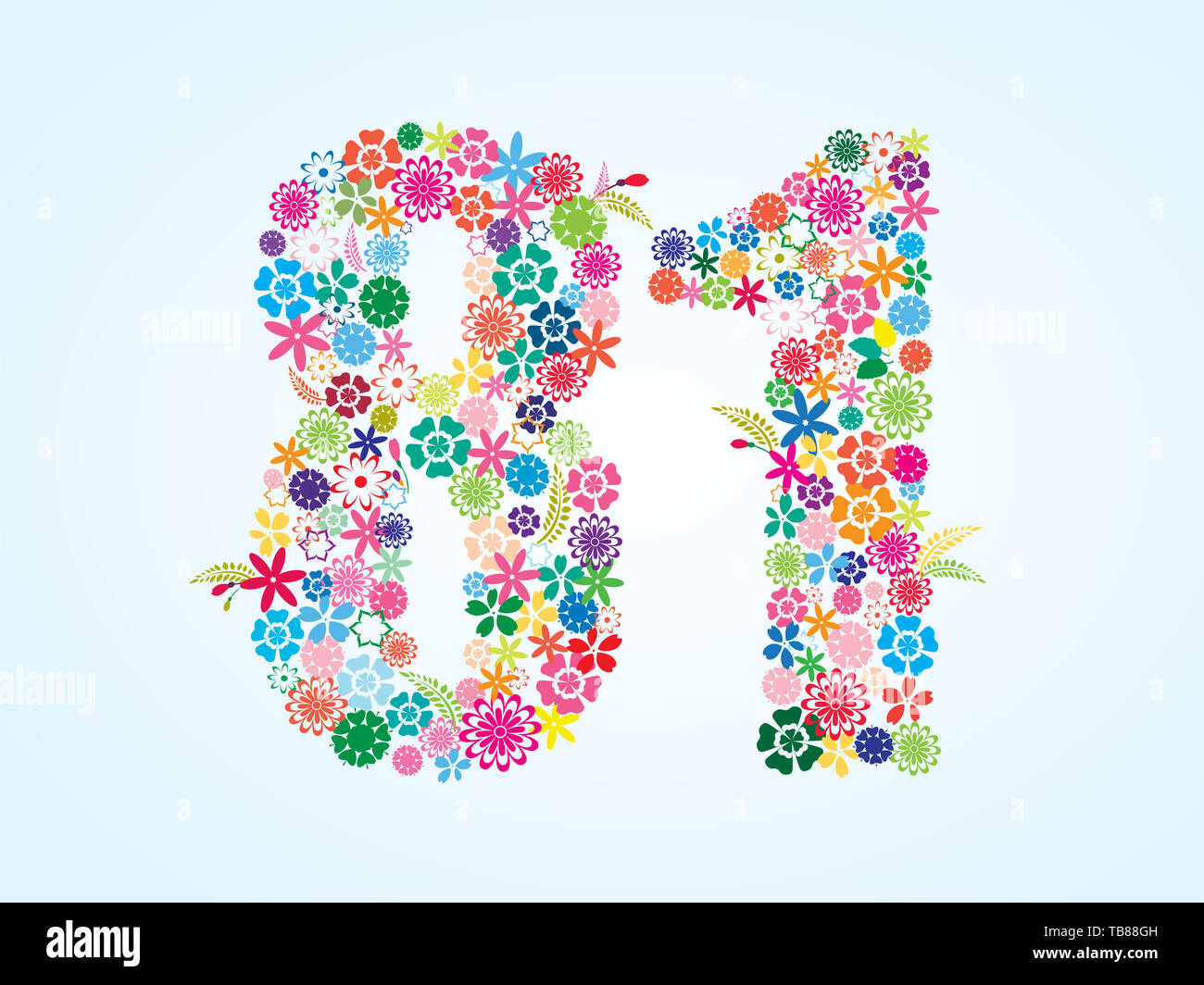 Vector Colorful Floral 81 Number Design isolated on white background. Floral Number Eighty One Vector Typeface. Stock Photo