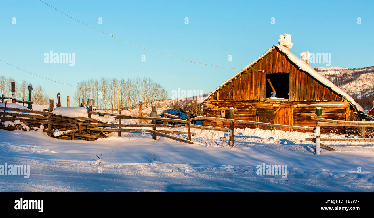 Snow Covered Rustic Cabins In The Woods In Winter Stock Photo