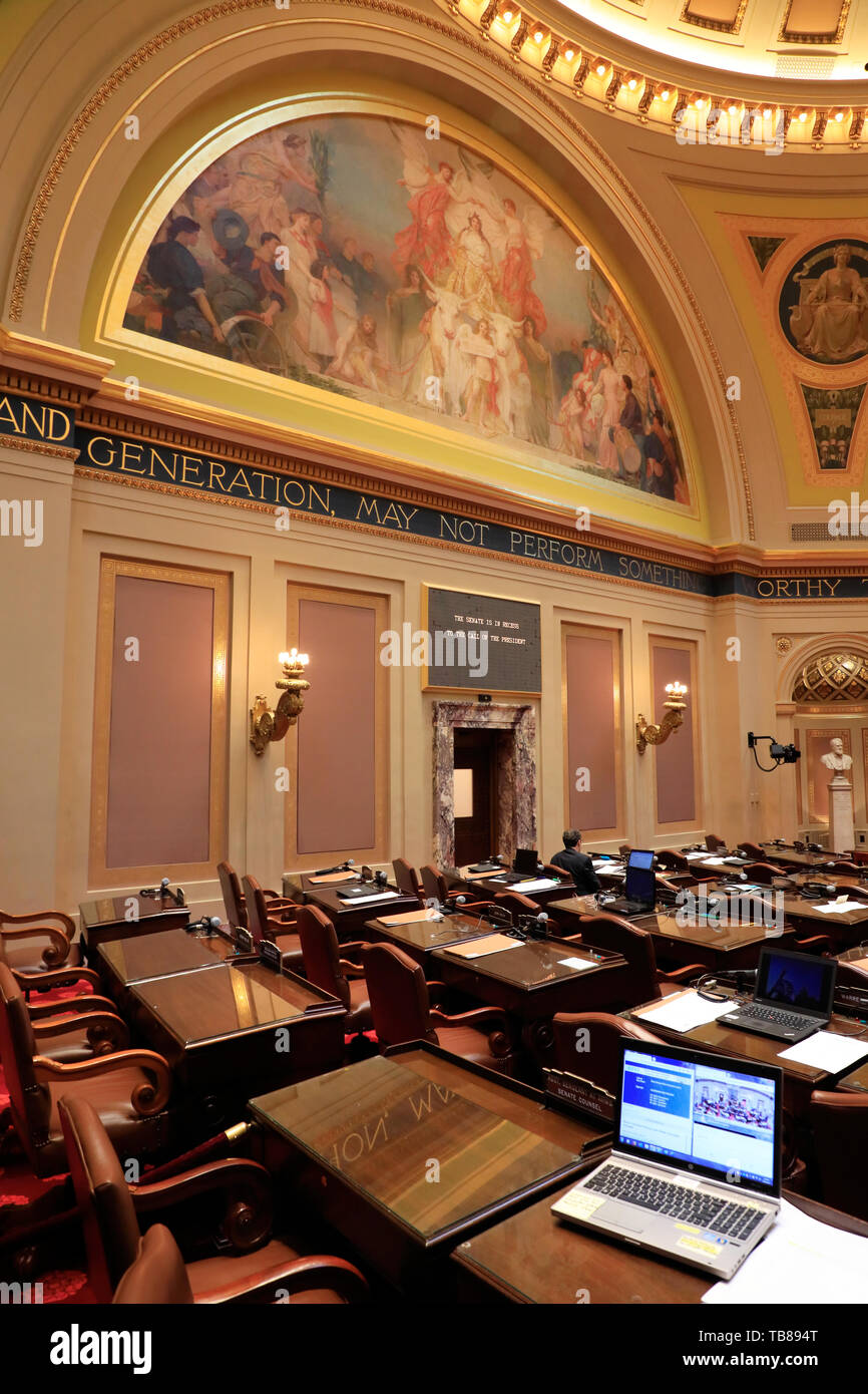 A computer on the table inside of Minnesota Senate Chamber in Minnesota State Capitol.Saint Paul.Minnesota.USA Stock Photo