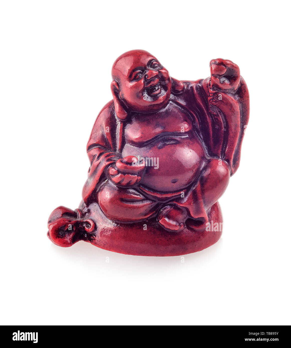 Statue laughing Buddha - Budai or Hotei. Cheerful monk with dragon and money isolated on white background. Stock Photo