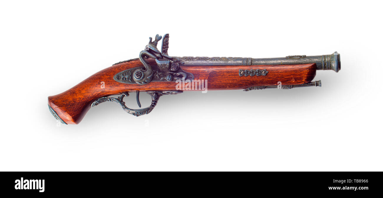Vintage pistol on white background - Prussian antique flintlock pistol with copy space. Stock Photo
