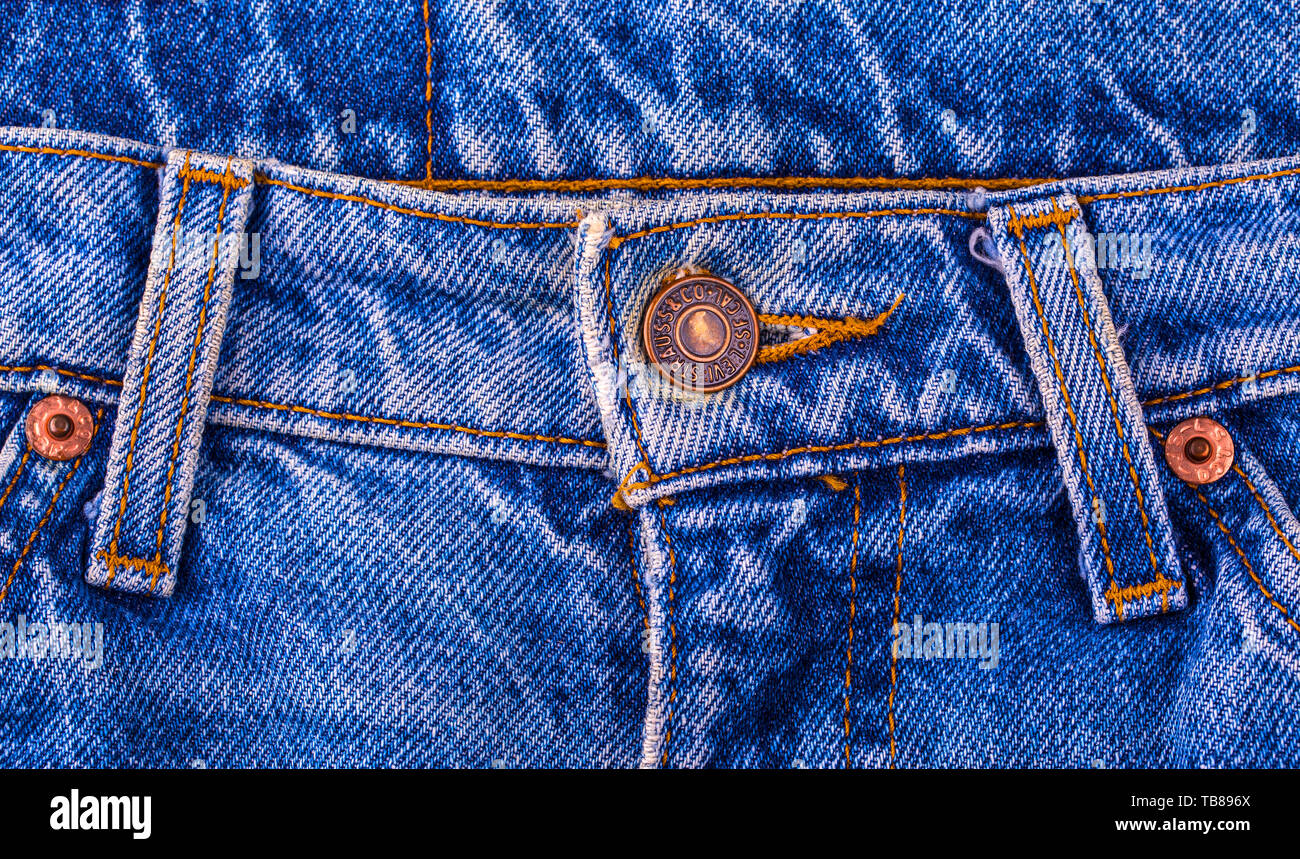 Chisinau, Moldova February 17, 2017: Close up of the LEVI'S button on the  blue jeans. LEVI'S is a brand name of Levi Strauss and Co, founded in 1853  Stock Photo - Alamy