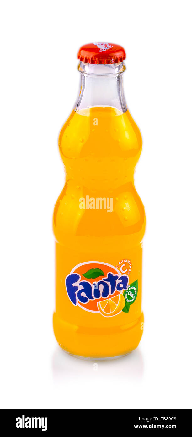 Chisinau, Moldova February 28, 2017: Fanta glass bottle on white background. Fanta is a global brand of fruit-flavored carbonated soft drinks created  Stock Photo