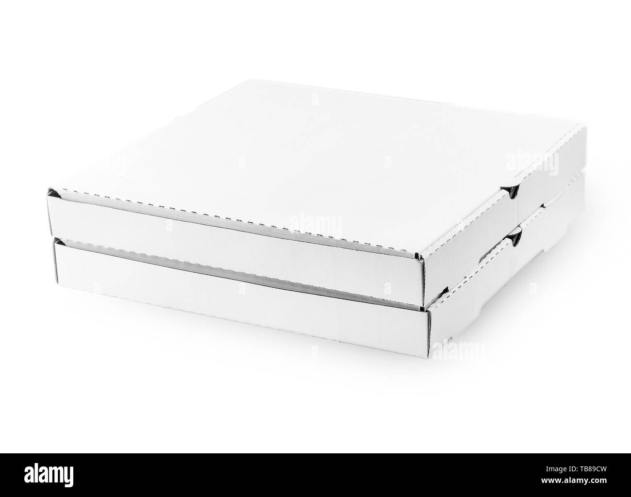 Two white cardboard pizza boxes isolated on white Stock Photo Alamy