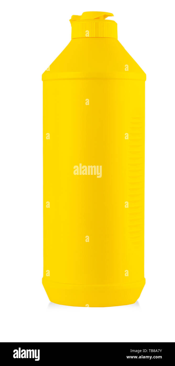 yellow plastic bottle with liquid laundry detergent, cleaning agent