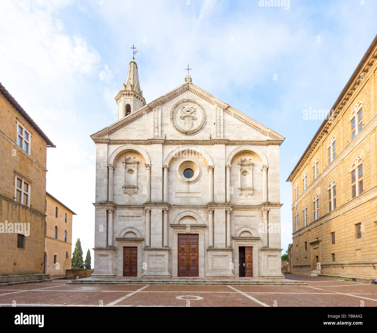 Beautiful view of the Cathedral of Pienza perspective corrected and Pio II square, Italy, at morning, nobody visible Stock Photo