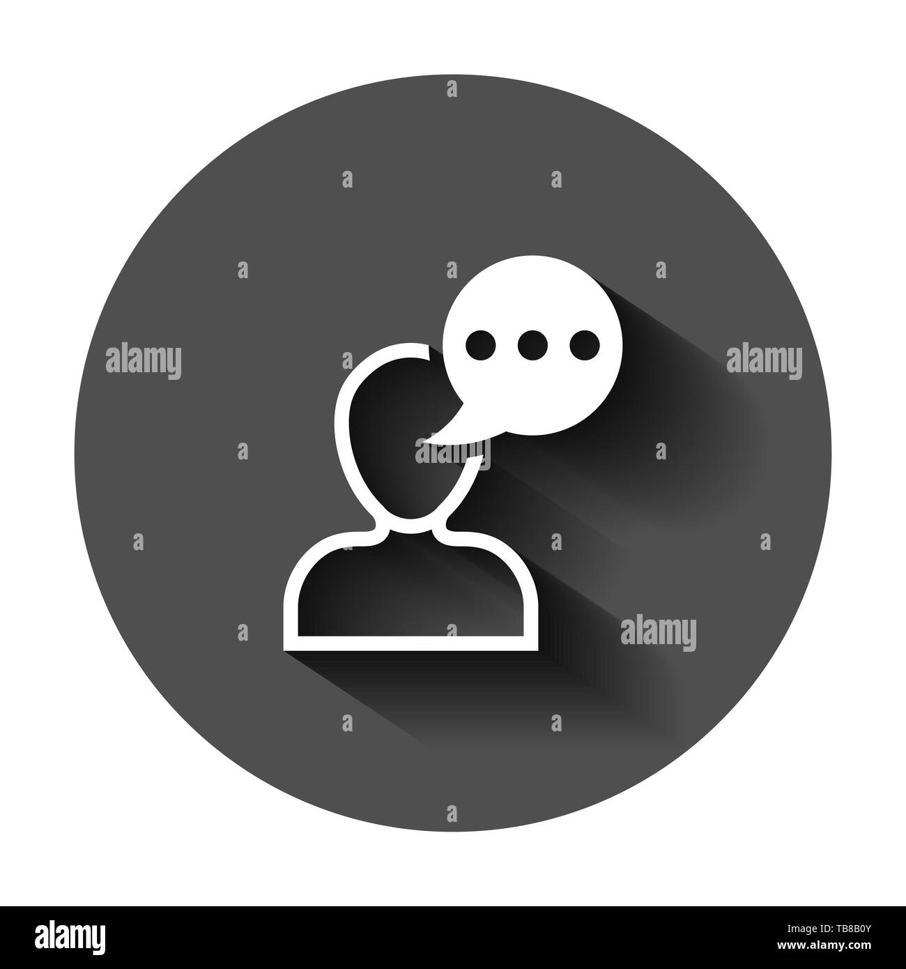 Man head mind thinking icon in flat style. Speech bubble with people vector illustration on black round background with long shadow. Contemplating dia Stock Vector