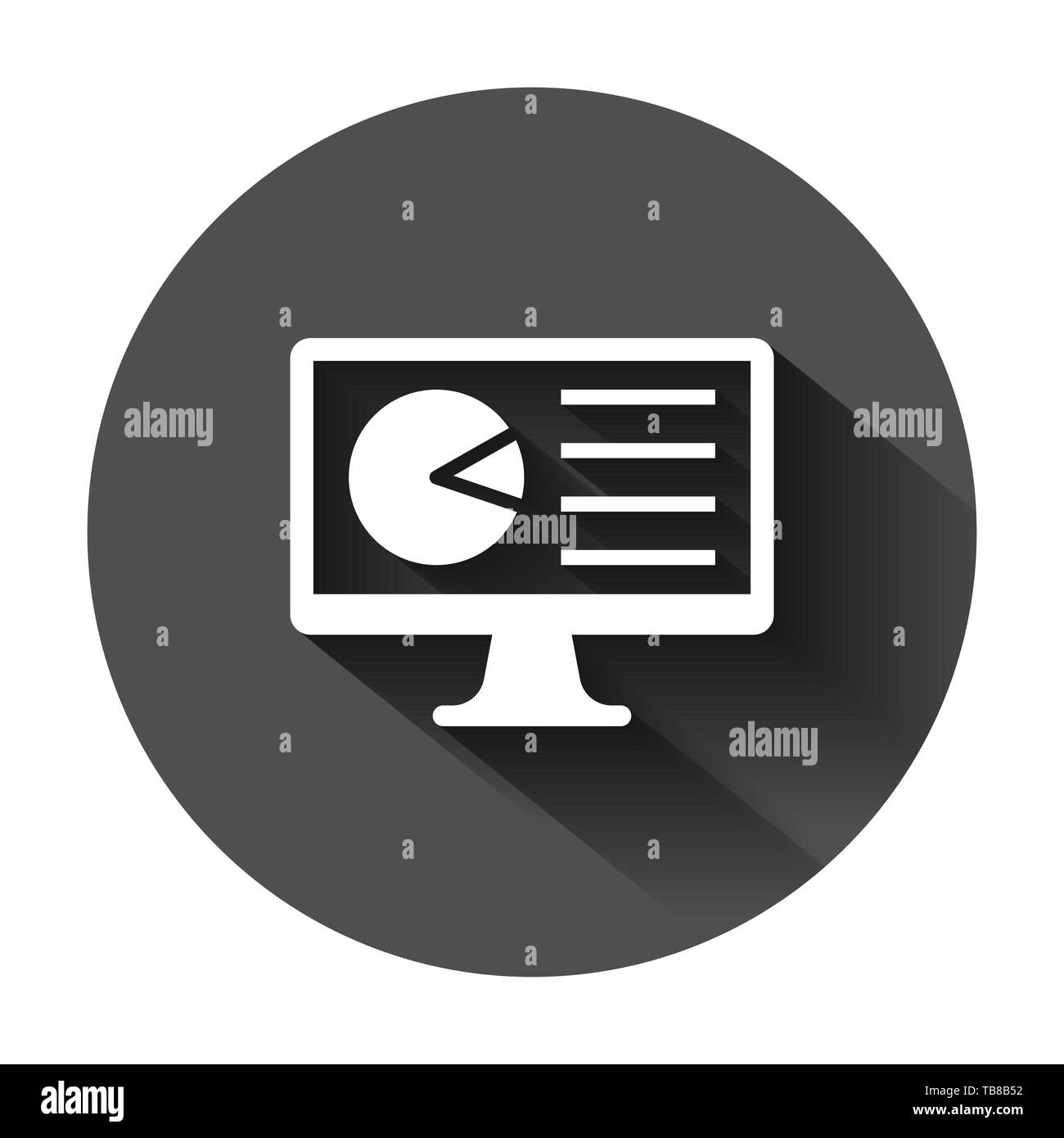 Analytic monitor icon in flat style. Diagram vector illustration on black round background with long shadow. Statistic business concept. Stock Vector