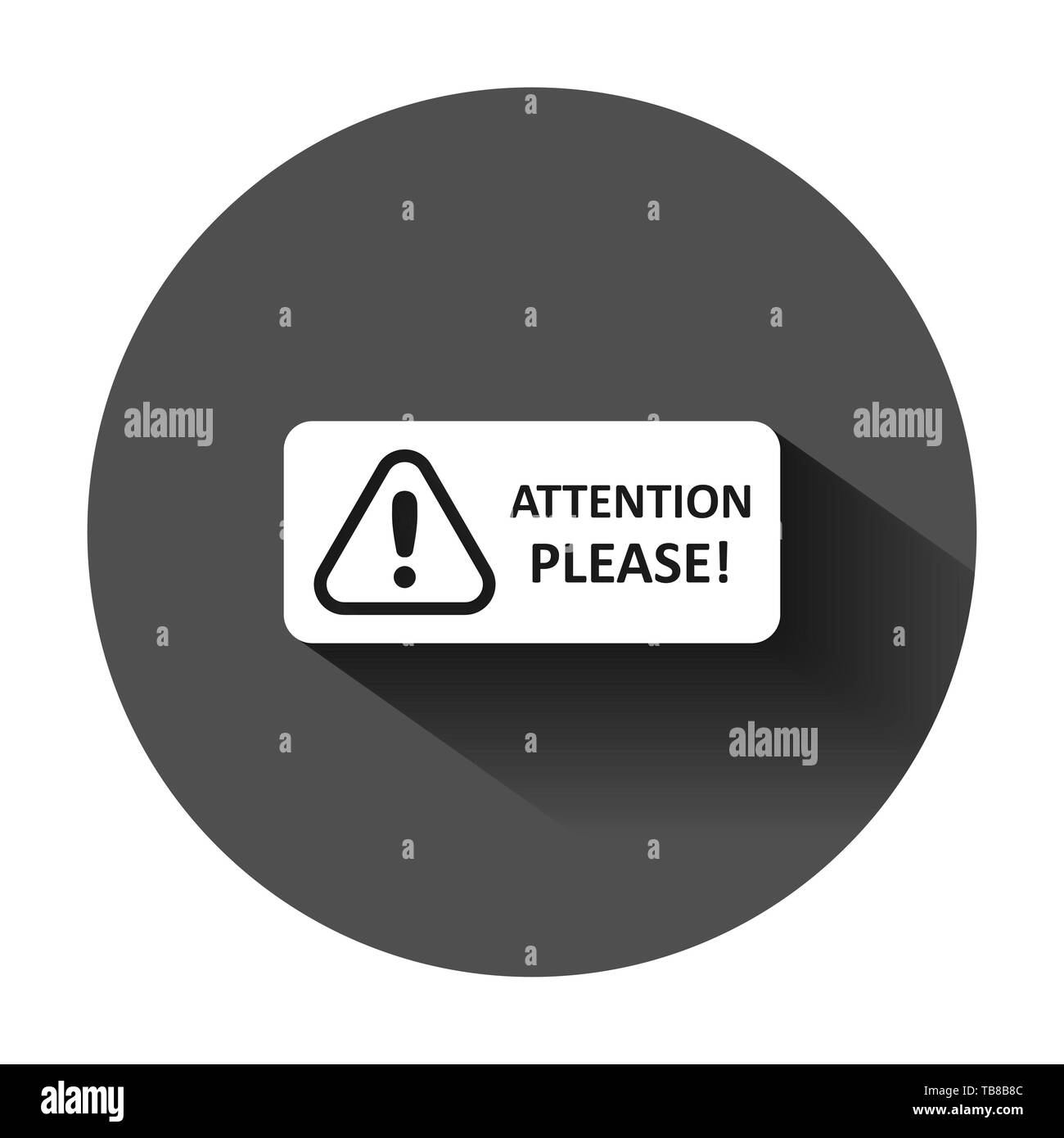 Attention please sign icon in flat style. Warning information vector illustration on black round background with long shadow. Exclamation business con Stock Vector