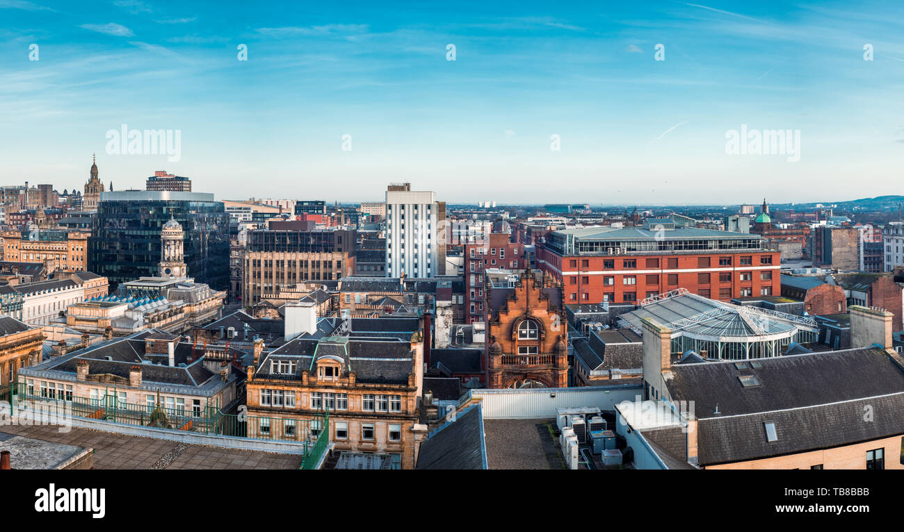 A wide panoramic looking out over old and new buildings and streets in Glasgow city centre. Scotland, United Kingdom Stock Photo