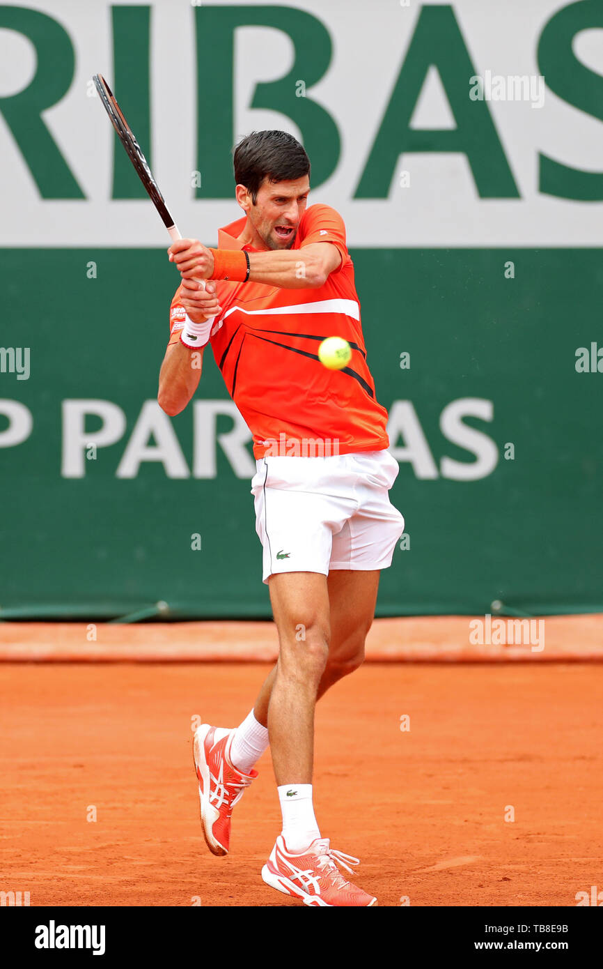 Paris, France 30th May. Novak Djokovic (SRB) plays a backhand during the  French Open Tennis at Stade Roland-Garros, Paris on Thursday 30th May 2019.  (Credit: Jon Bromley | MI News Stock Photo -