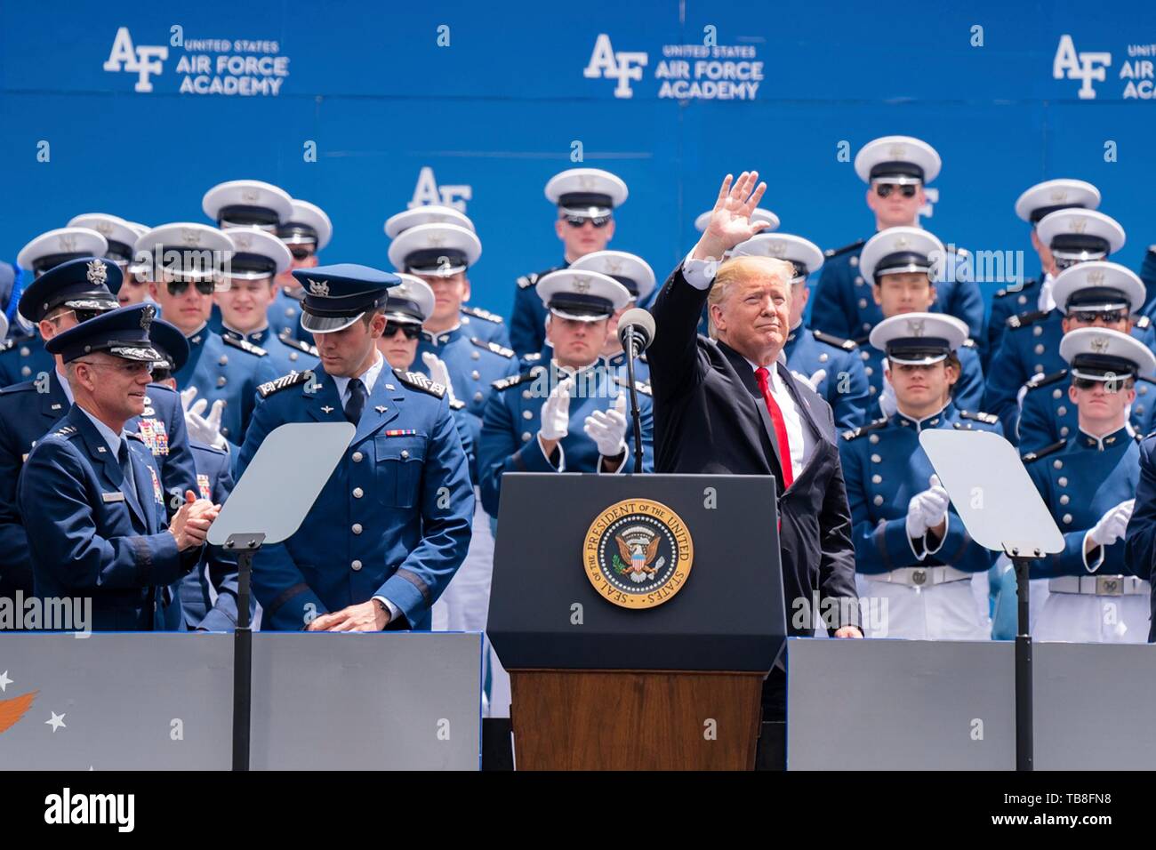 U.S President Donald Trump waves during the U.S. Air Force Academy Graduation Ceremony at the USAF Academy Falcon Stadium May 30, 2019 in Colorado Springs, Colorado. Credit: Planetpix/Alamy Live News Stock Photo
