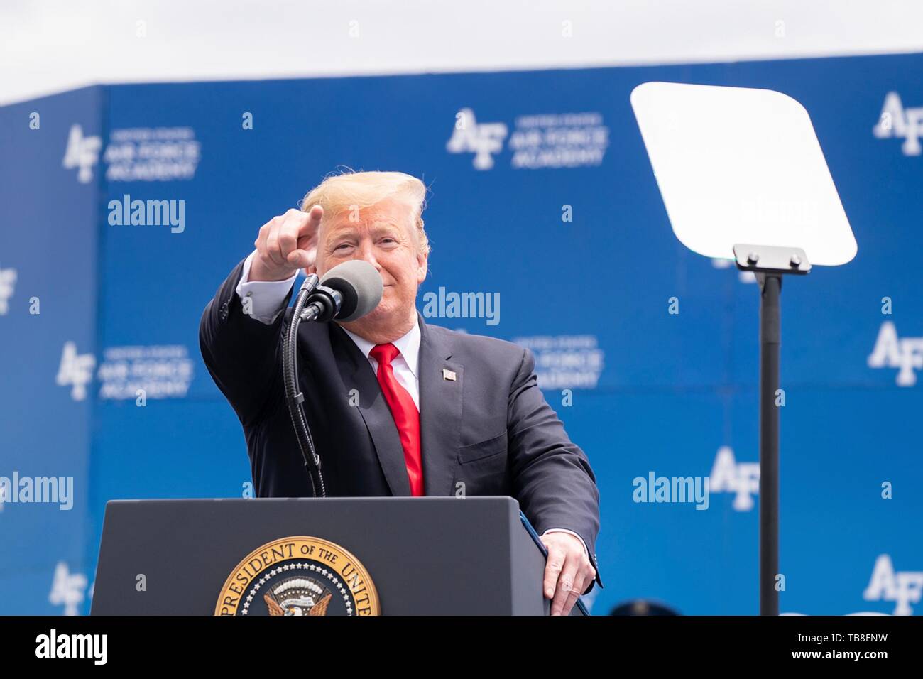 U.S President Donald Trump recognizes Cadet Parker Hammond during the U.S. Air Force Academy Graduation Ceremony at the USAF Academy Falcon Stadium May 30, 2019 in Colorado Springs, Colorado. Cadet Hammond battled cancer while attending the academy. Credit: Planetpix/Alamy Live News Stock Photo