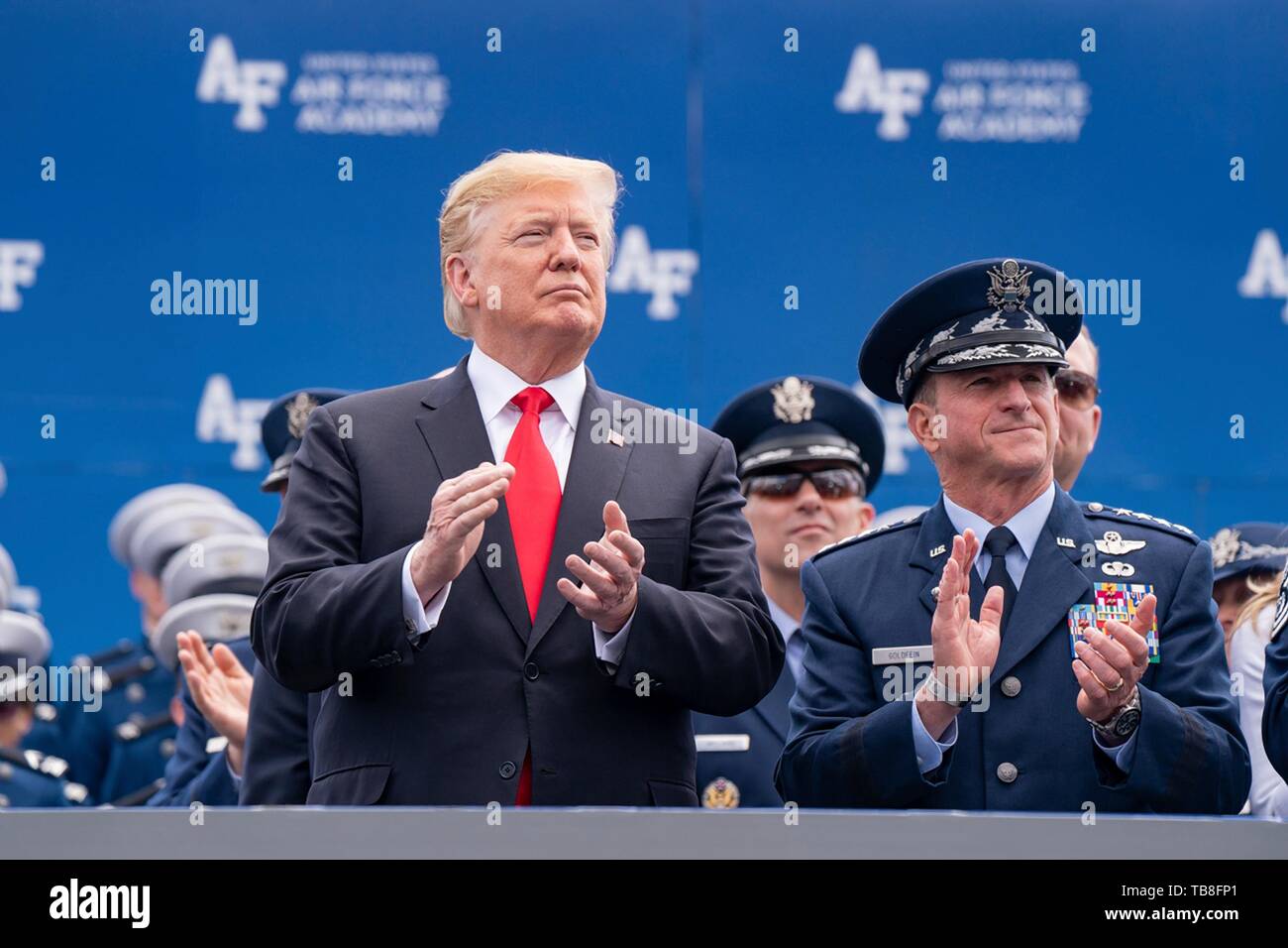 U.S President Donald Trump stands with Air Force Chief of Staff Gen. David Goldfein during the U.S. Air Force Academy Graduation Ceremony at the USAF Academy Falcon Stadium May 30, 2019 in Colorado Springs, Colorado. Credit: Planetpix/Alamy Live News Stock Photo