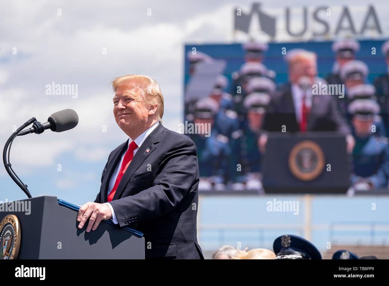 U.S President Donald Trump delivers remarks during the U.S. Air Force Academy Graduation Ceremony at the USAF Academy Falcon Stadium May 30, 2019 in Colorado Springs, Colorado. Credit: Planetpix/Alamy Live News Stock Photo