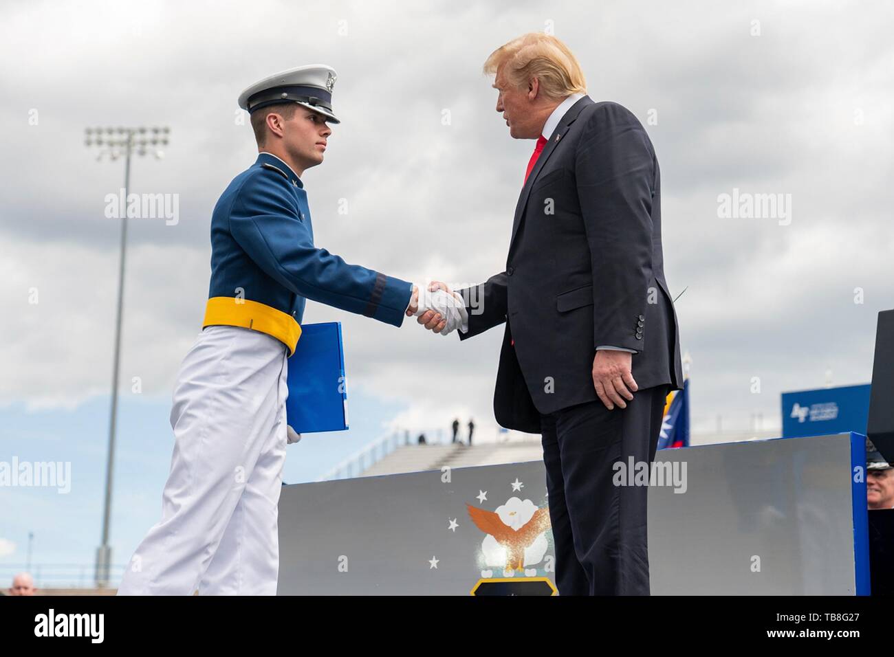 U.S President Donald Trump congratulates cadets during the U.S. Air Force Academy Graduation Ceremony at the USAF Academy Falcon Stadium May 30, 2019 in Colorado Springs, Colorado. Credit: Planetpix/Alamy Live News Stock Photo