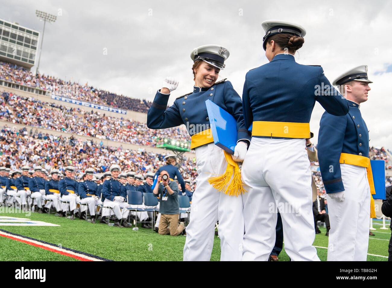 U.S. Air Force Academy cadets celebrate at the conclusion of graduation ceremonies at the USAF Academy Falcon Stadium May 30, 2019 in Colorado Springs, Colorado. U.S. President Donald Trump gave the commencement address to the more than 900 graduates. Credit: Planetpix/Alamy Live News Stock Photo