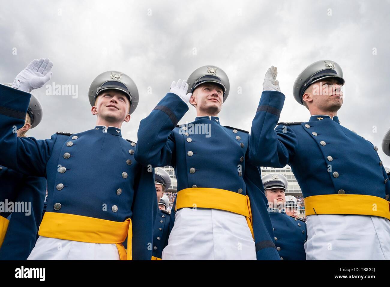 U.S. Air Force Academy cadets take the oath at the conclusion of graduation ceremonies at the USAF Academy Falcon Stadium May 30, 2019 in Colorado Springs, Colorado. U.S. President Donald Trump gave the commencement address to the more than 900 graduates. Credit: Planetpix/Alamy Live News Stock Photo