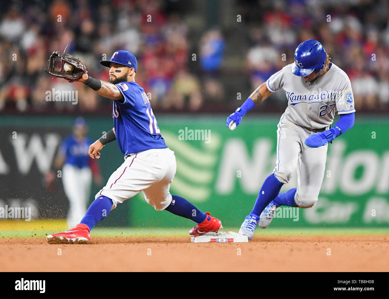 May 30, 2019: Texas Rangers second baseman Rougned Odor #12 enters the  dugout with his game face before an MLB game between the Kansas City Royals  and the Texas Rangers at Globe