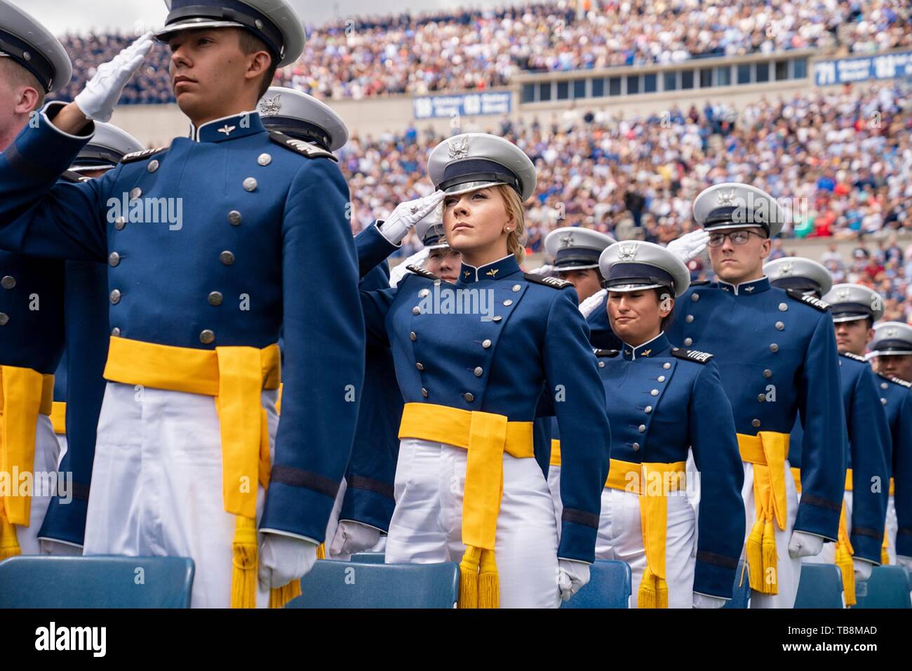 Colorado Springs, Colorado, USA. 30th May, 2019. U.S Air Force Academy cadets salute during the Graduation Ceremony at the USAF Academy Falcon Stadium May 30, 2019 in Colorado Springs, Colorado. Credit: Planetpix/Alamy Live News Stock Photo