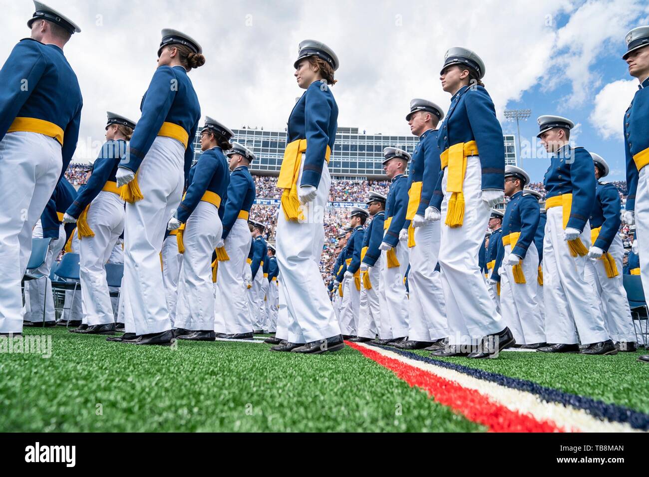 Colorado Springs, Colorado, USA. 30th May, 2019. U.S Air Force Academy cadets march into the stadium during the Graduation Ceremony at the USAF Academy Falcon Stadium May 30, 2019 in Colorado Springs, Colorado. Credit: Planetpix/Alamy Live News Stock Photo