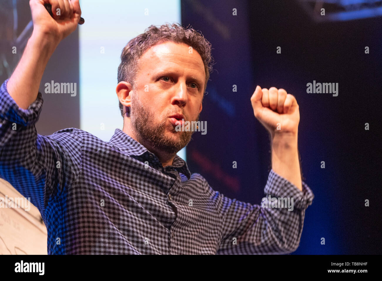 The Hay Festival, Hay on Wye, Wales UK , Friday 31st May 2019.  Blue Peter award-winning writer Kieran Larwood, author of the  ‘Five Realms’ series   of fantasy books  for teenage readers, at  the 2019 Hay Festival   The festival, now in its 32nd year, held annually in the small town of Hay on Wye on the Wales - England border,  attracts the finest writers, politicians and intellectuals from  across the globe for 10 days of talks and discussions, celebrating the best of the written word and critical debate  Photo © Keith Morris / Alamy Live News Stock Photo