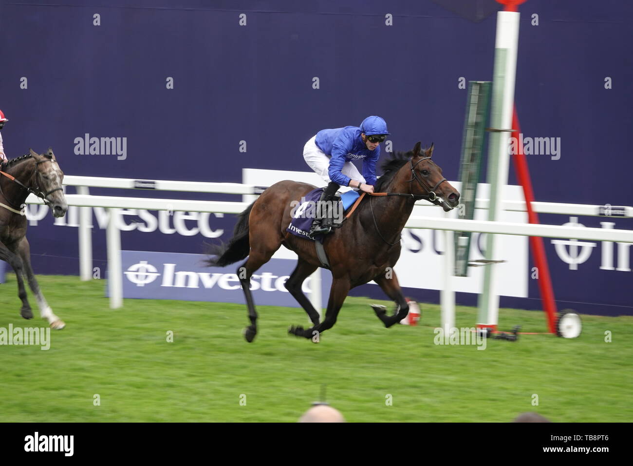 Epsom Downs, Surrey, UK. 31st May, 2019. Pinatubo beats Misty grey in the first race The Investec Woocote Stakes at the Investec Derby Festival - on Ladies Day, classic horse race. Credit: Motofoto/Alamy Live News Stock Photo