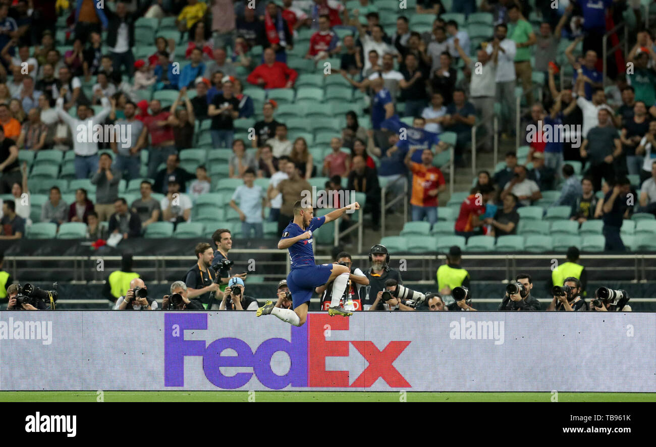 Chelsea's Eden Hazard celebrates infront of empty seats after scoring his sides foirth goal during the UEFA Europa League final at The Olympic Stadium, Baku, Azerbaijan. PRESS ASSOCIATION Photo. Picture date: Wednesday May 29, 2019. See PA SOCCER Europa. Photo credit should read: Bradley Collyer/PA Wire Stock Photo