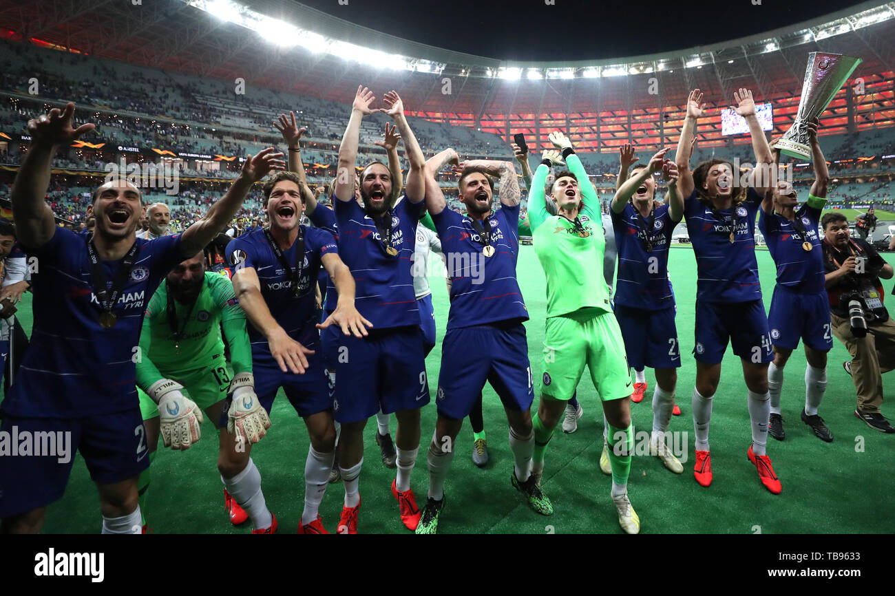 Chelsea players celebrate after the UEFA Europa League final at The Olympic Stadium, Baku, Azerbaijan. PRESS ASSOCIATION Photo. Picture date: Wednesday May 29, 2019. See PA SOCCER Europa. Photo credit should read: Bradley Collyer/PA Wire Stock Photo