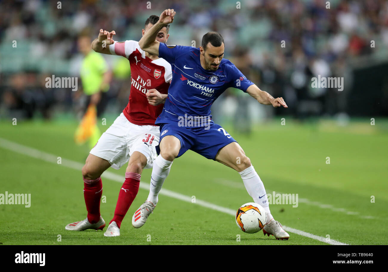 Chelsea's Davide Zappacosta in action with Arsenal's Sead Kolasinac during the UEFA Europa League final at The Olympic Stadium, Baku, Azerbaijan. PRESS ASSOCIATION Photo. Picture date: Wednesday May 29, 2019. See PA SOCCER Europa. Photo credit should read: Bradley Collyer/PA Wire Stock Photo