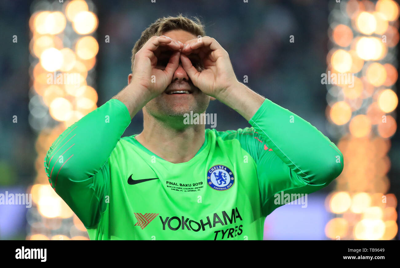 Chelsea's Rob Green during post mast celebrations after he UEFA Europa League final at The Olympic Stadium, Baku, Azerbaijan. PRESS ASSOCIATION Photo. Picture date: Wednesday May 29, 2019. See PA SOCCER Europa. Photo credit should read: Bradley Collyer/PA Wire Stock Photo