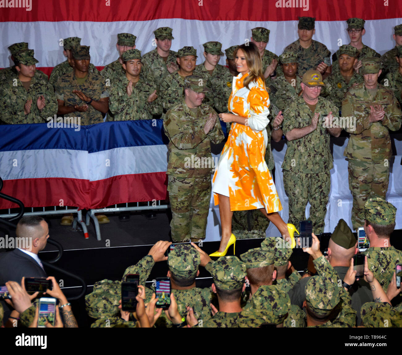190528-N-RI884-1078 YOKOSUKA, Japan (May 28, 2019) - First lady Melania Trump greets U.S. Sailors and Marines during a visit aboard the amphibious assault ship USS Wasp (LHD 1). Wasp is conducting routine operations as part of the Wasp Amphibious Ready Group (ARG) in Yokuska, Japan. (U.S. Navy photo by Mass Communication Specialist 1st Class Daniel Barker) Stock Photo