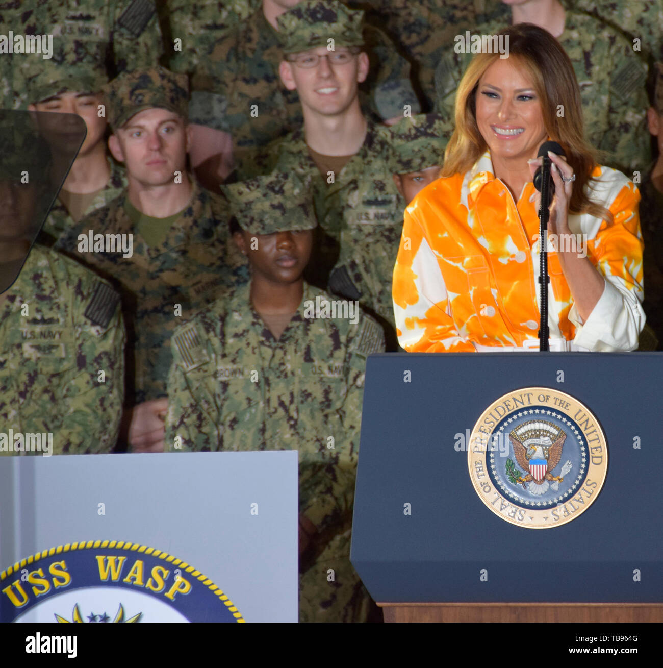190528-N-RI884-1093 YOKOSUKA, Japan (May 28, 2019) - First Lady Melania Trump addresses U.S. Sailors and Marines during a visit aboard the amphibious assault ship USS Wasp (LHD 1). Wasp is conducting routine operations as part of the Wasp Amphibious Ready Group (ARG) in Yokuska, Japan. (U.S. Navy photo by Mass Communication Specialist 1st Class Daniel Barker) Stock Photo