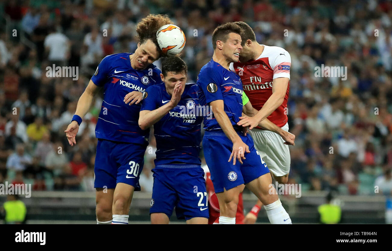Chelsea's David Luiz, Andrea Christiensen and Gary Cahil contest a header during the UEFA Europa League final at The Olympic Stadium, Baku, Azerbaijan. PRESS ASSOCIATION Photo. Picture date: Wednesday May 29, 2019. See PA SOCCER Europa. Photo credit should read: Bradley Collyer/PA Wire Stock Photo