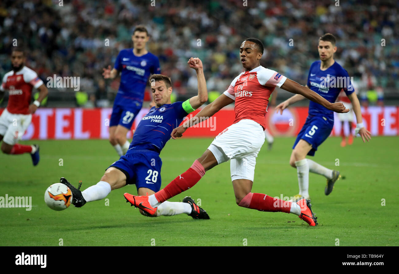 Arsenal's Joe Willock takes a shot on goal during the UEFA Europa League final at The Olympic Stadium, Baku, Azerbaijan. PRESS ASSOCIATION Photo. Picture date: Wednesday May 29, 2019. See PA soccer Europa. Photo credit should read: Bradley Collyer/PA Wire Stock Photo