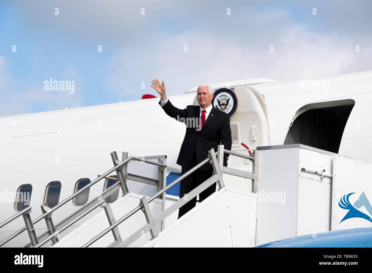 Vice President Mike Pence visits Stewart Air National Guard Base before attending the West Point Graduation Ceremony May 25th, 2019. Pence waved to a crowd before his keynote speech at the 2019 West Point Graduation. Stock Photo