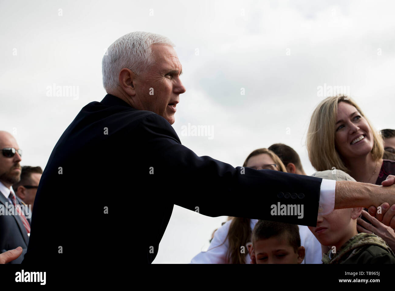 Vice President Mike Pence visits Stewart Air National Guard Base before attending the West Point Graduation Ceremony May 25th, 2019. Pence embraced a crowd before his keynote speech at the 2019 West Point Graduation. Stock Photo