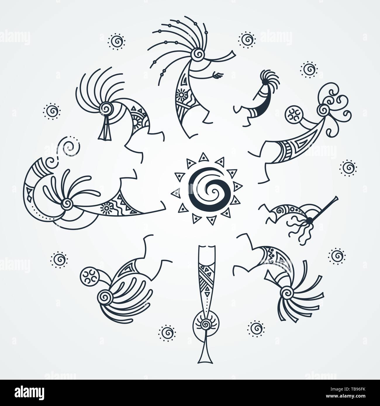 Hand drawn Kokopelli music circle. Stylized mythical characters playing flutes. Vector art for prints. design, cards, children and coloring books, t-s Stock Vector