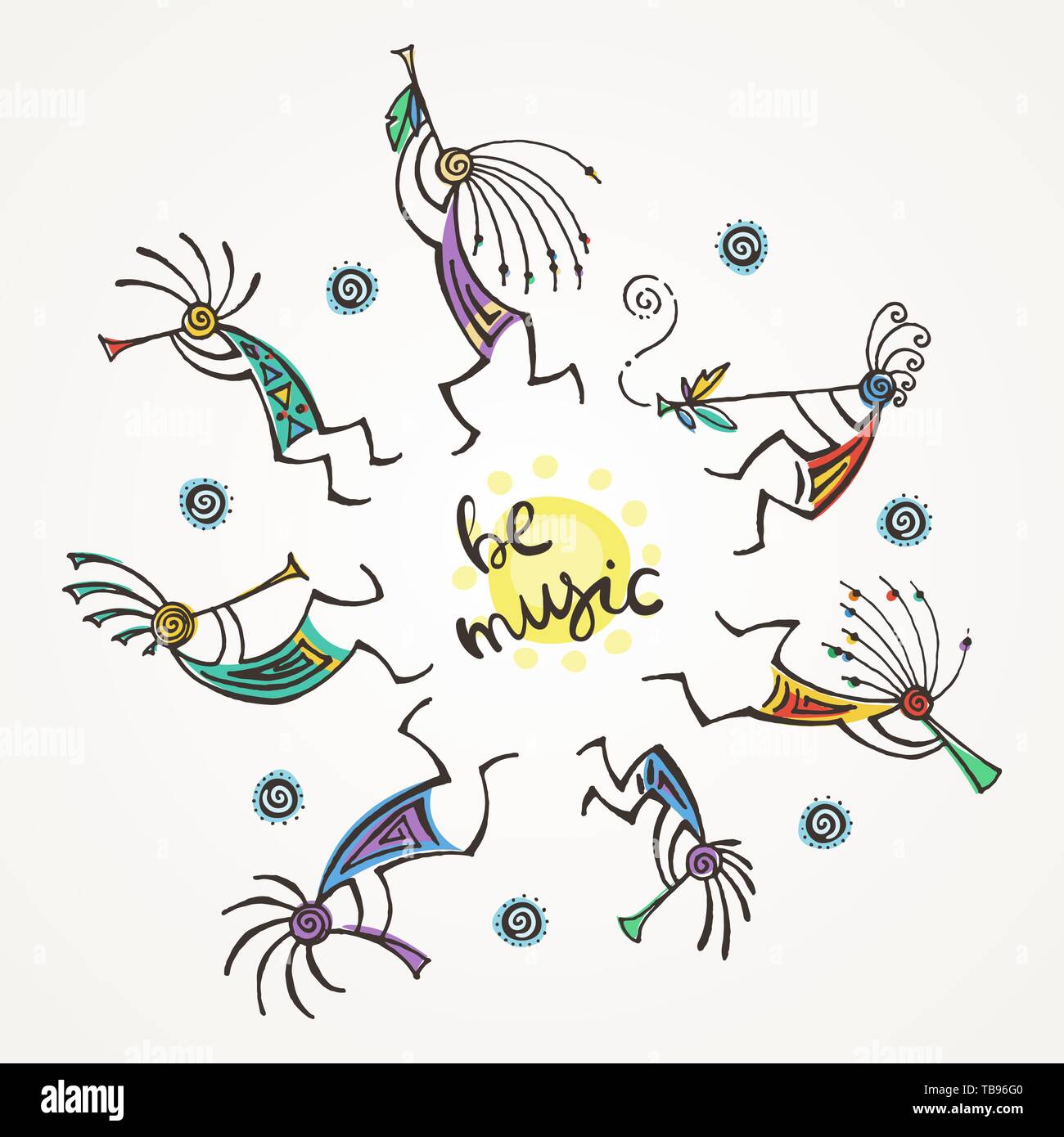 Be music. Hand drawn Kokopelli circle. Stylized mythical characters playing flutes. Vector art for prints. design, cards, children and coloring books, Stock Vector
