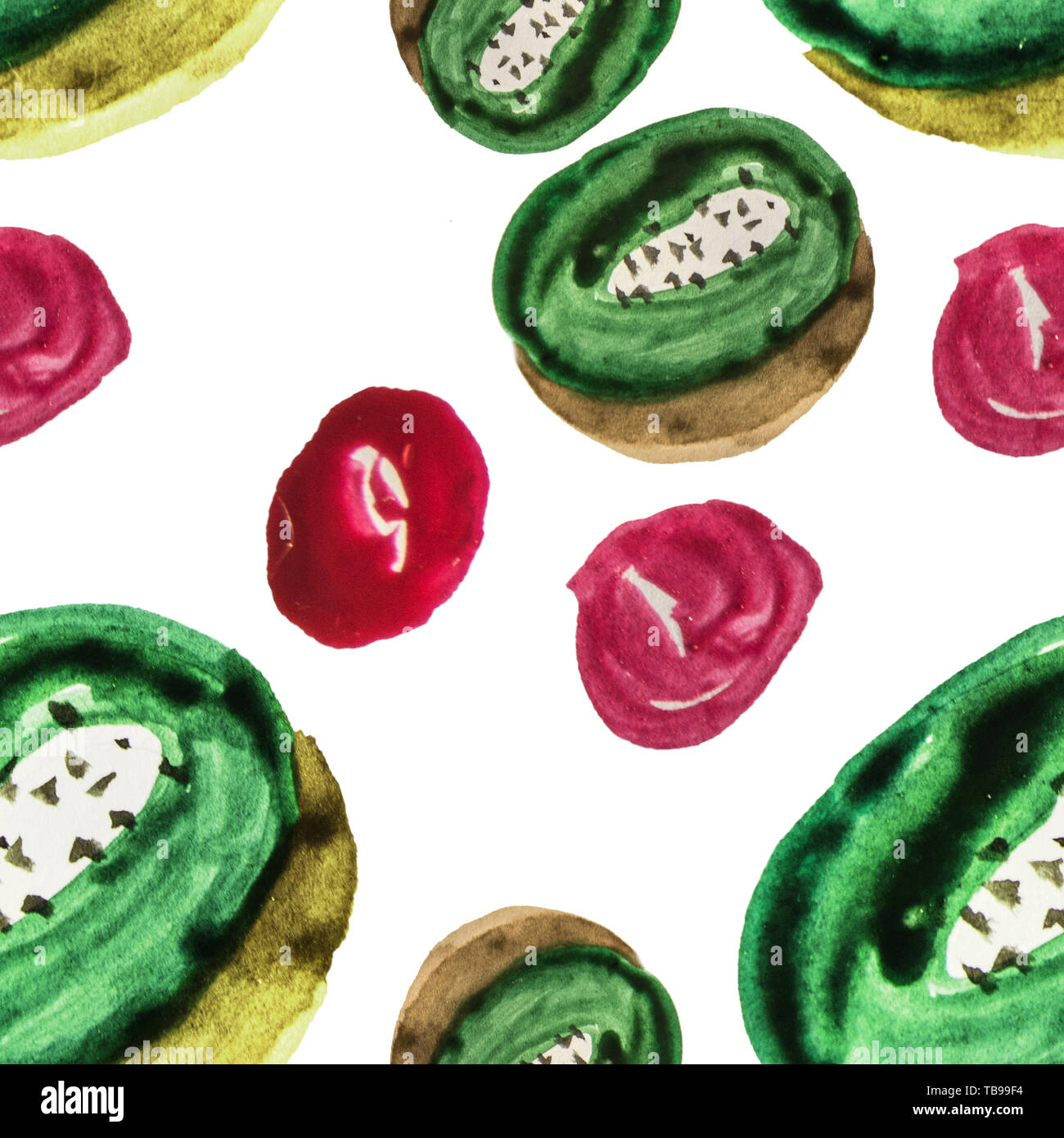 Cute seamless pattern sliced kiwi fruit and red berries watercolor ...